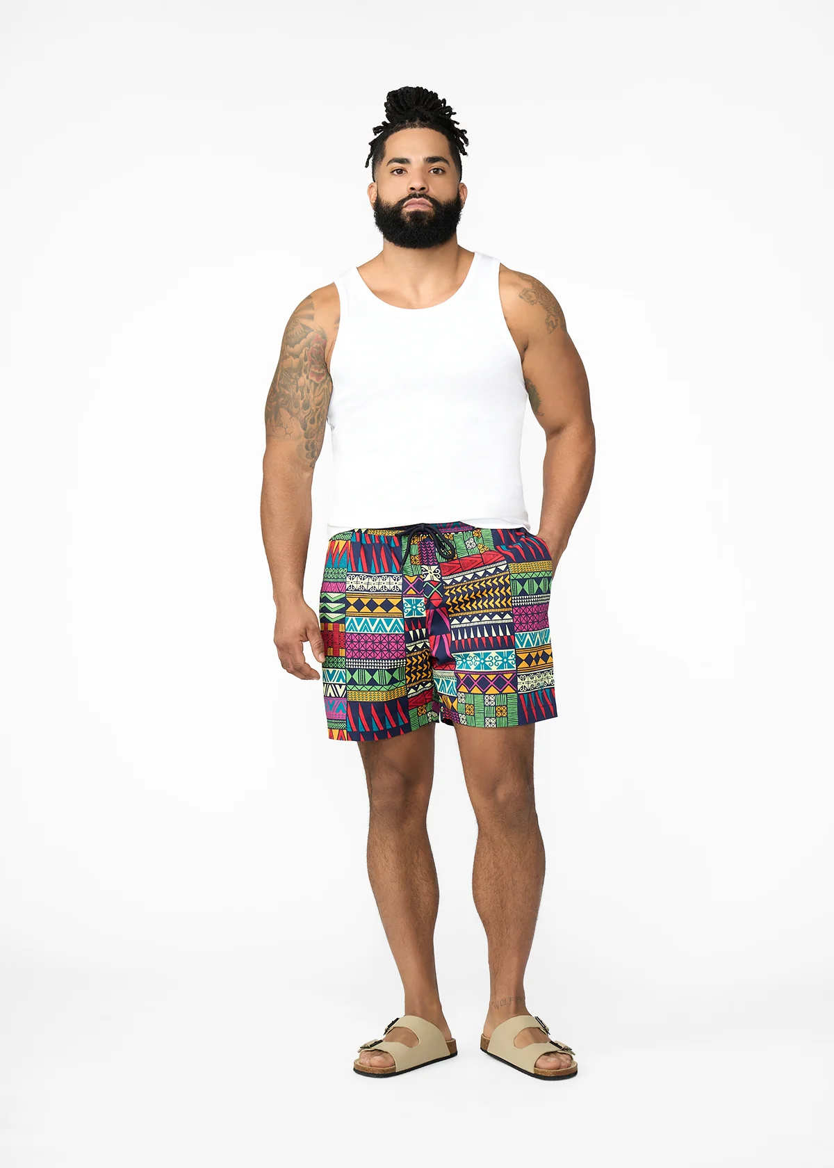 Tiziri Men's African Print Shorts (Green Navy Kente) - Clearance - Image 4