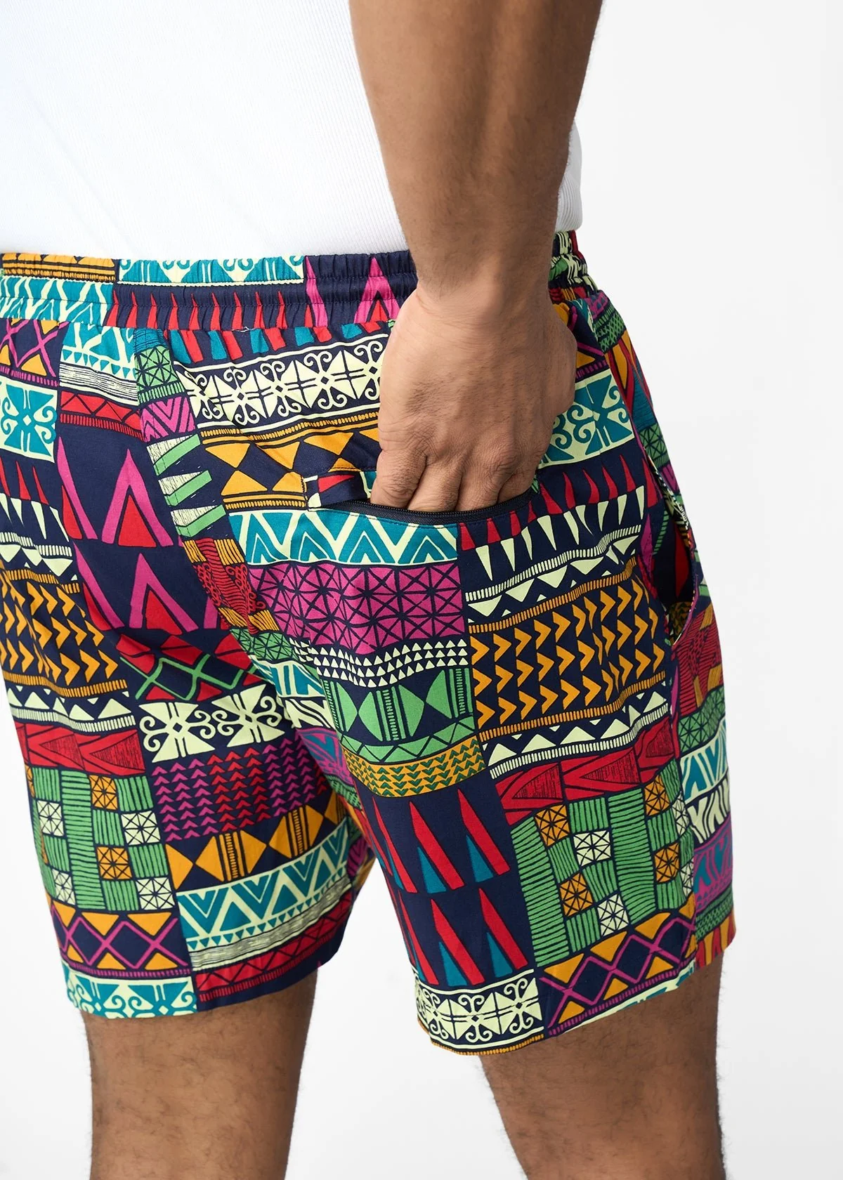 Tiziri Men's African Print Shorts (Green Navy Kente) - Clearance - Image 5