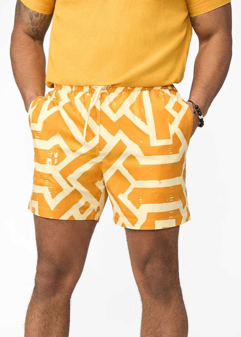Tiziri Men's African Print Shorts (Gold Cream Tribal) - Clearance