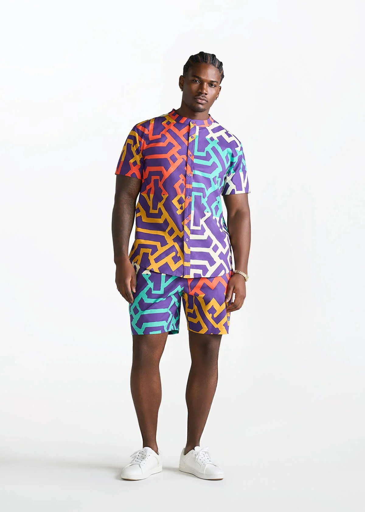 Oumar Men's African Print Mandarin Button-up Shirt (Purple Multicolor Tribal) - Image 4