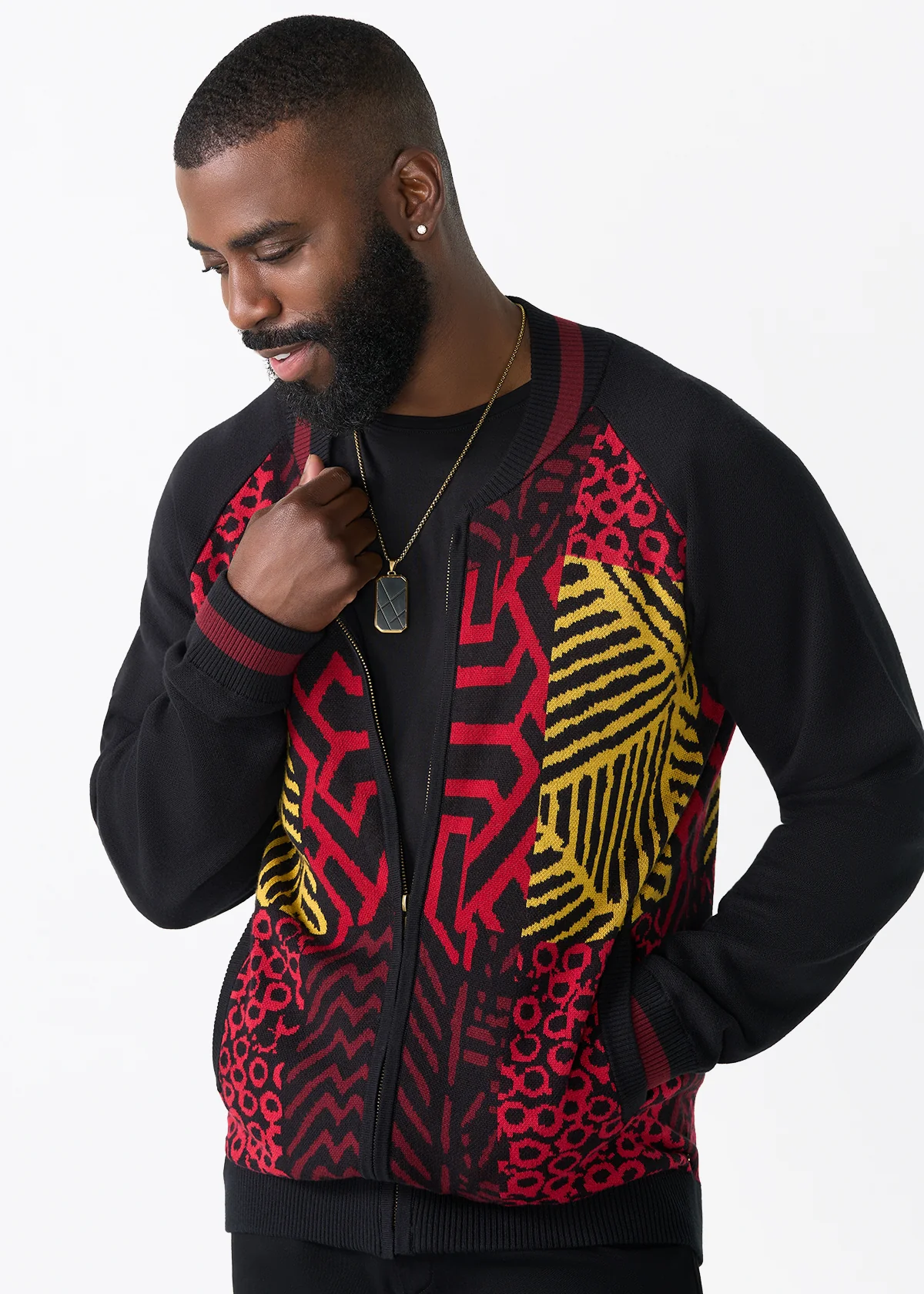 Togo Men's African Print Zip-Up Sweater (Black Cherry Multipattern)