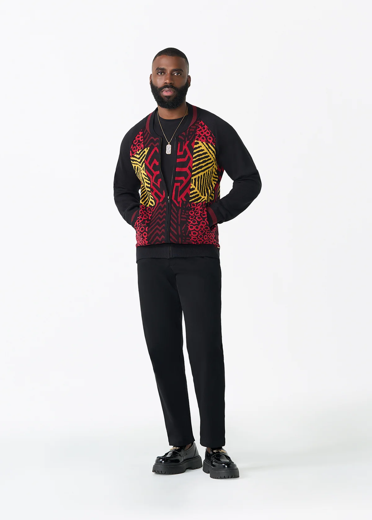 Togo Men's African Print Zip-Up Sweater (Black Cherry Multipattern) - Image 3