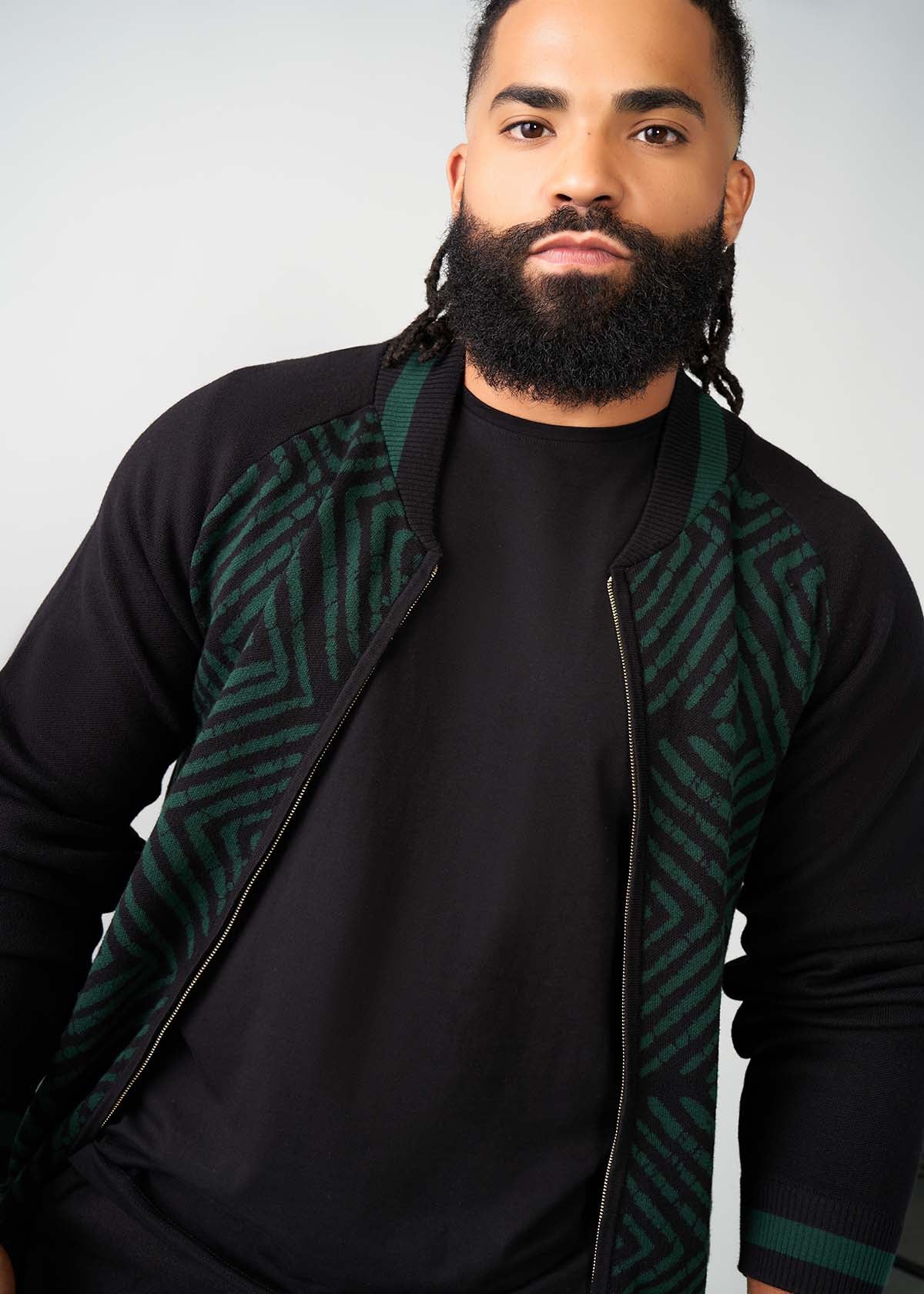 Togo Men's African Print Zip-Up Sweater (Malachite Diamond Adire) - Image 2