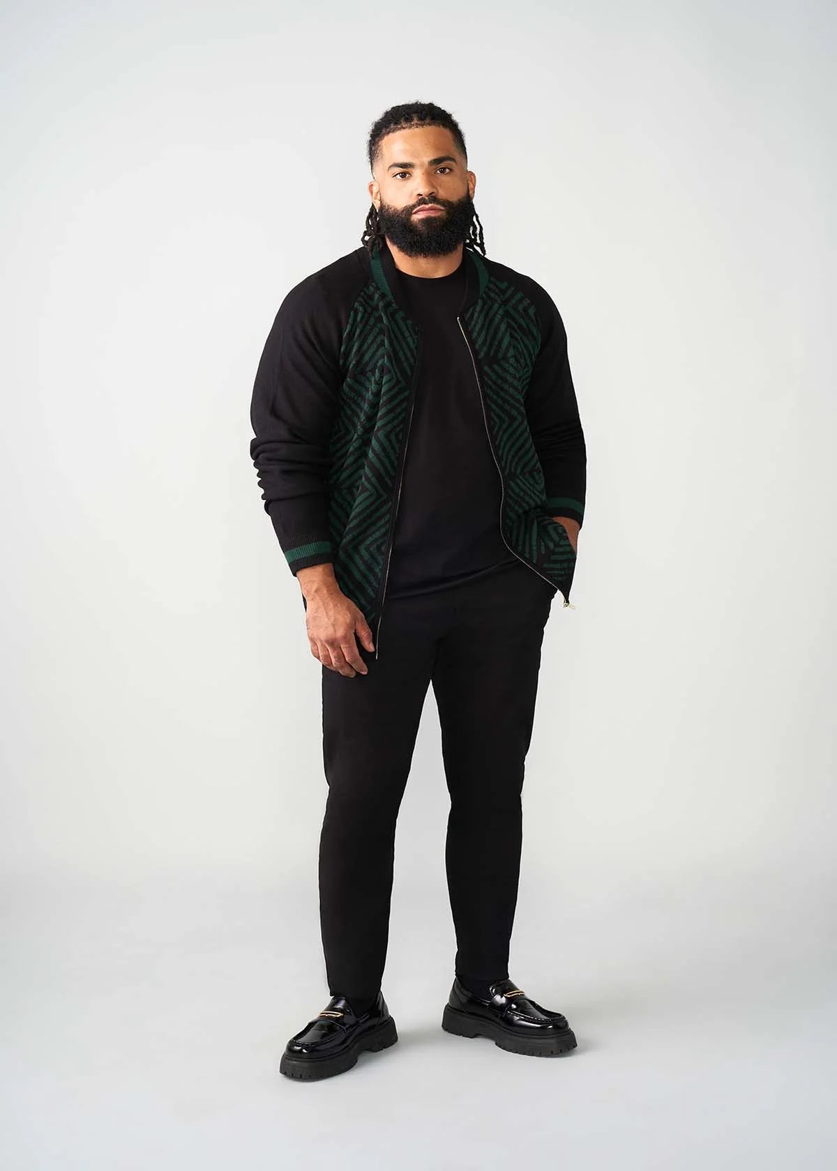 Togo Men's African Print Zip-Up Sweater (Malachite Diamond Adire) - Image 4