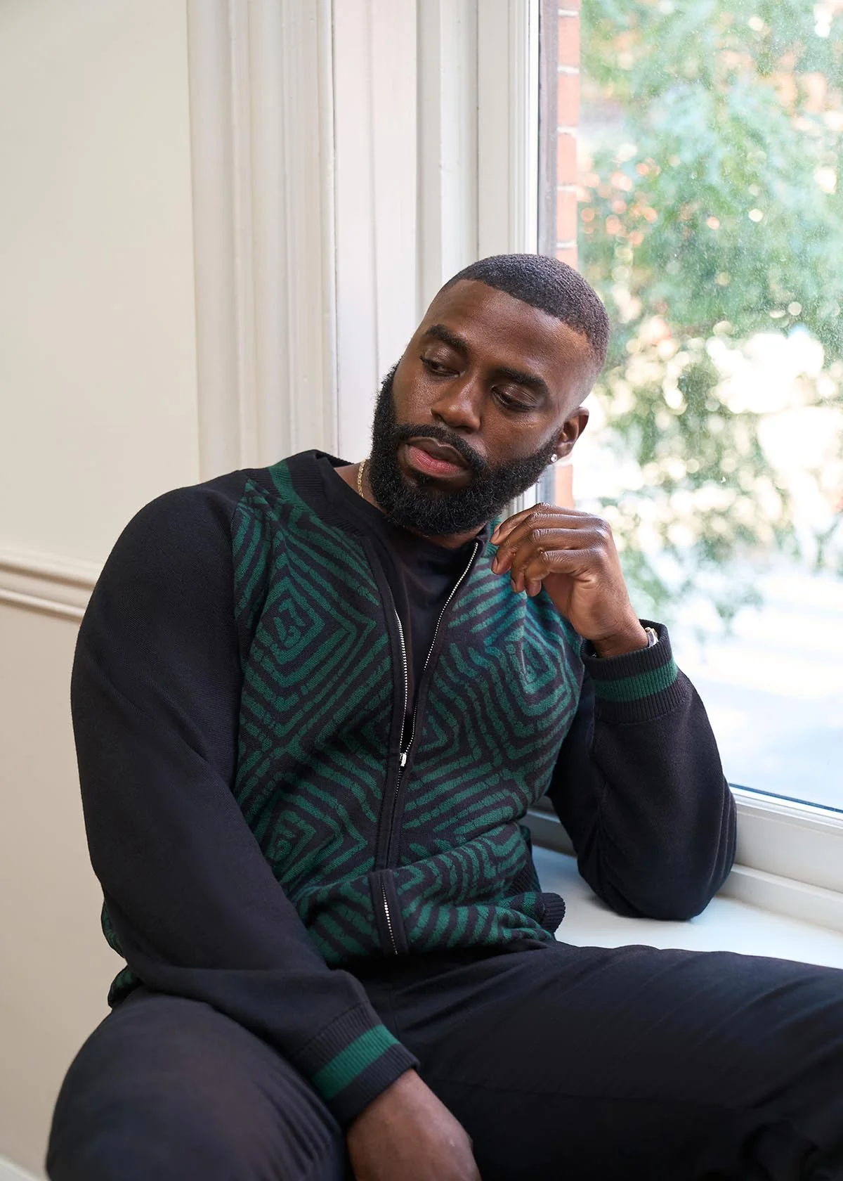 Togo Men's African Print Zip-Up Sweater (Malachite Diamond Adire) - Image 5