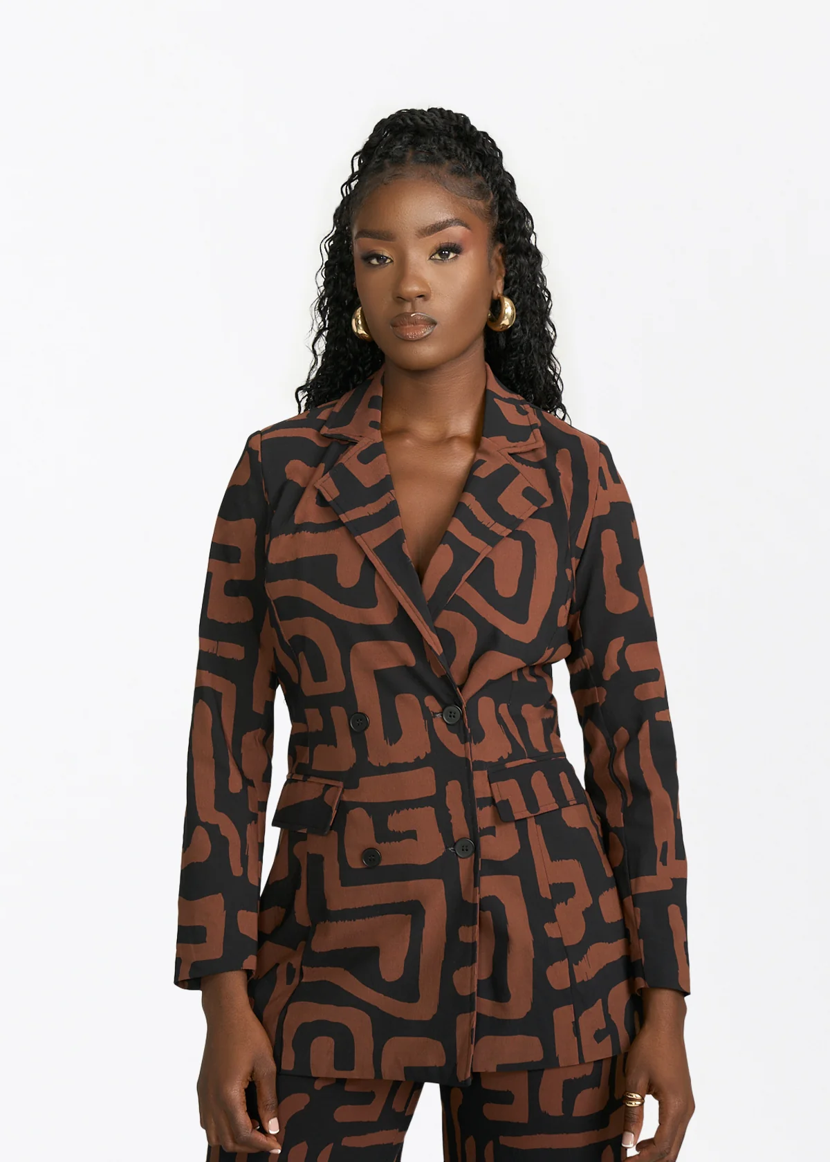 Uyai Womens African Print Blazer (Espresso Geometric)
