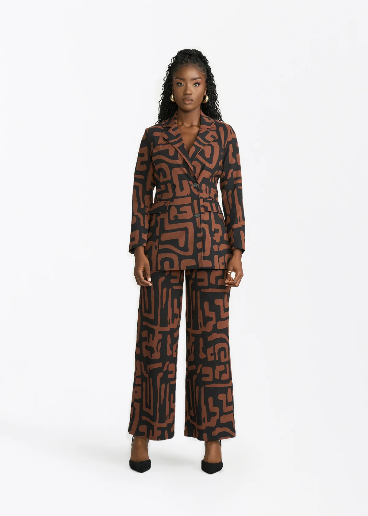 Uyai Womens African Print Blazer (Espresso Geometric) - Image 2