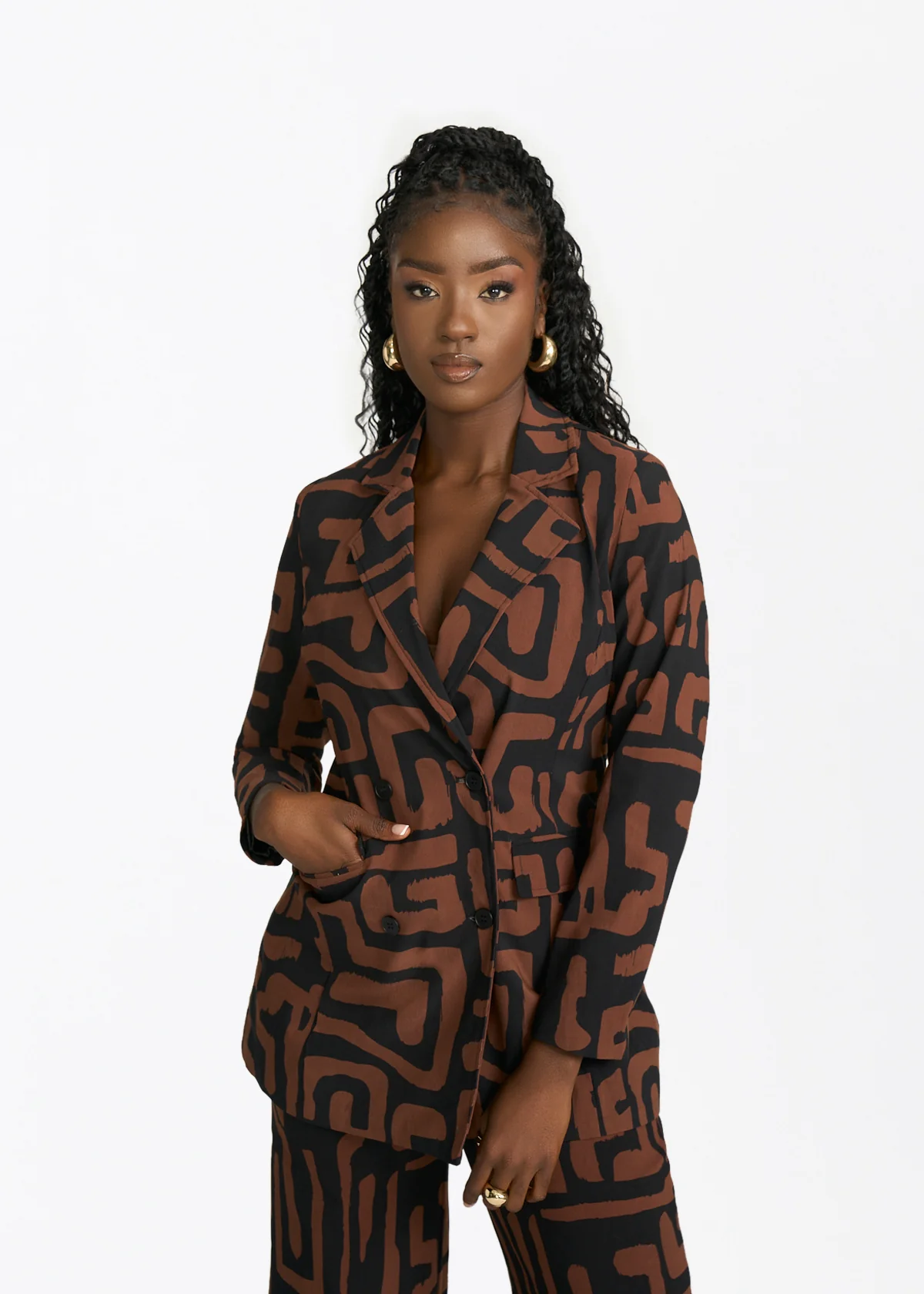 Uyai Womens African Print Blazer (Espresso Geometric) - Image 5