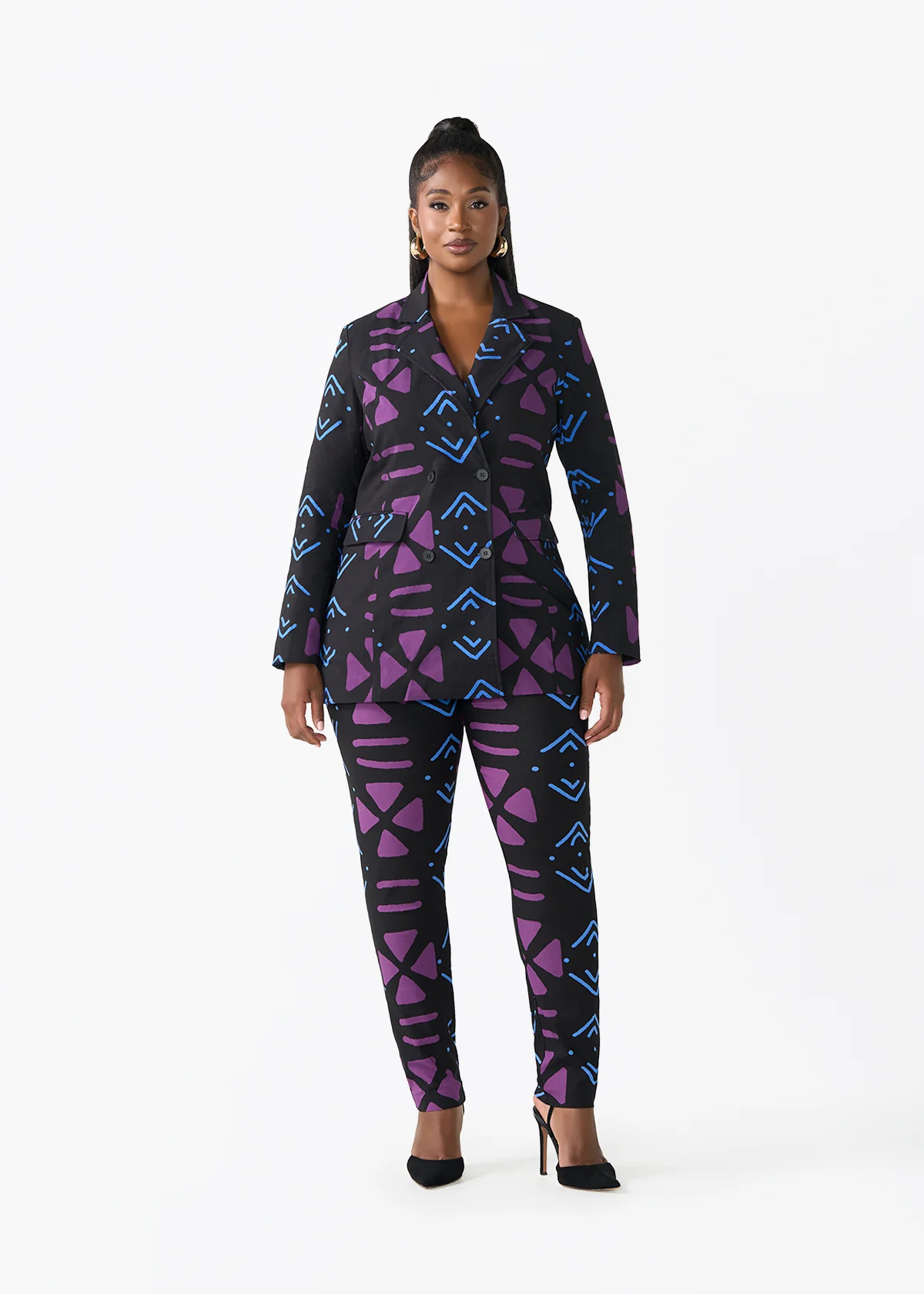Uyai Women's African Print Stretch Blazer (Black Purple Mudcloth) - Image 2