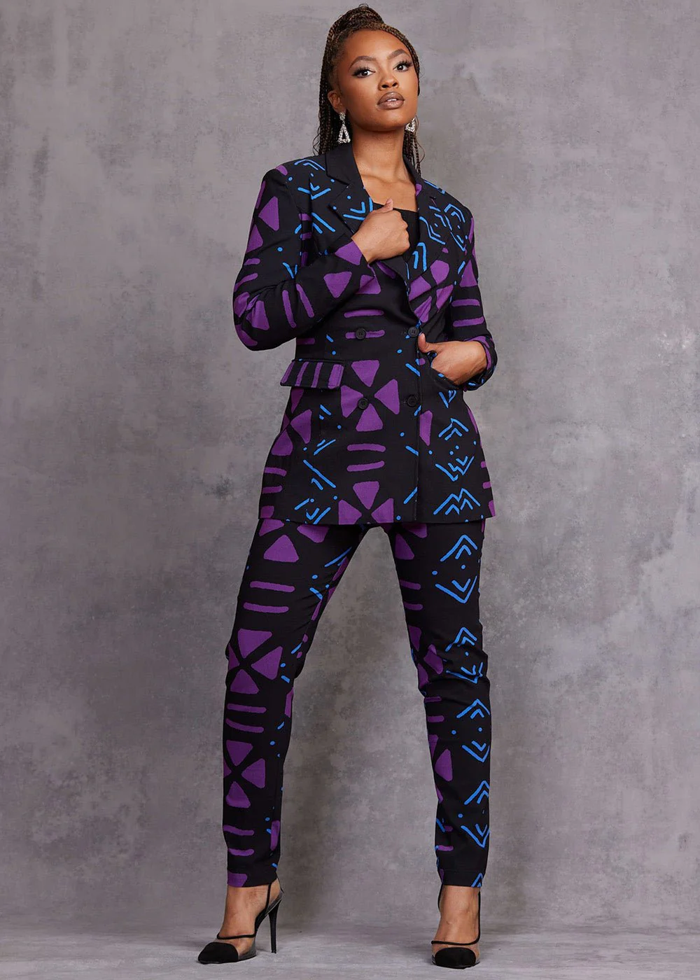 Uyai Women's African Print Stretch Blazer (Black Purple Mudcloth) - Image 3