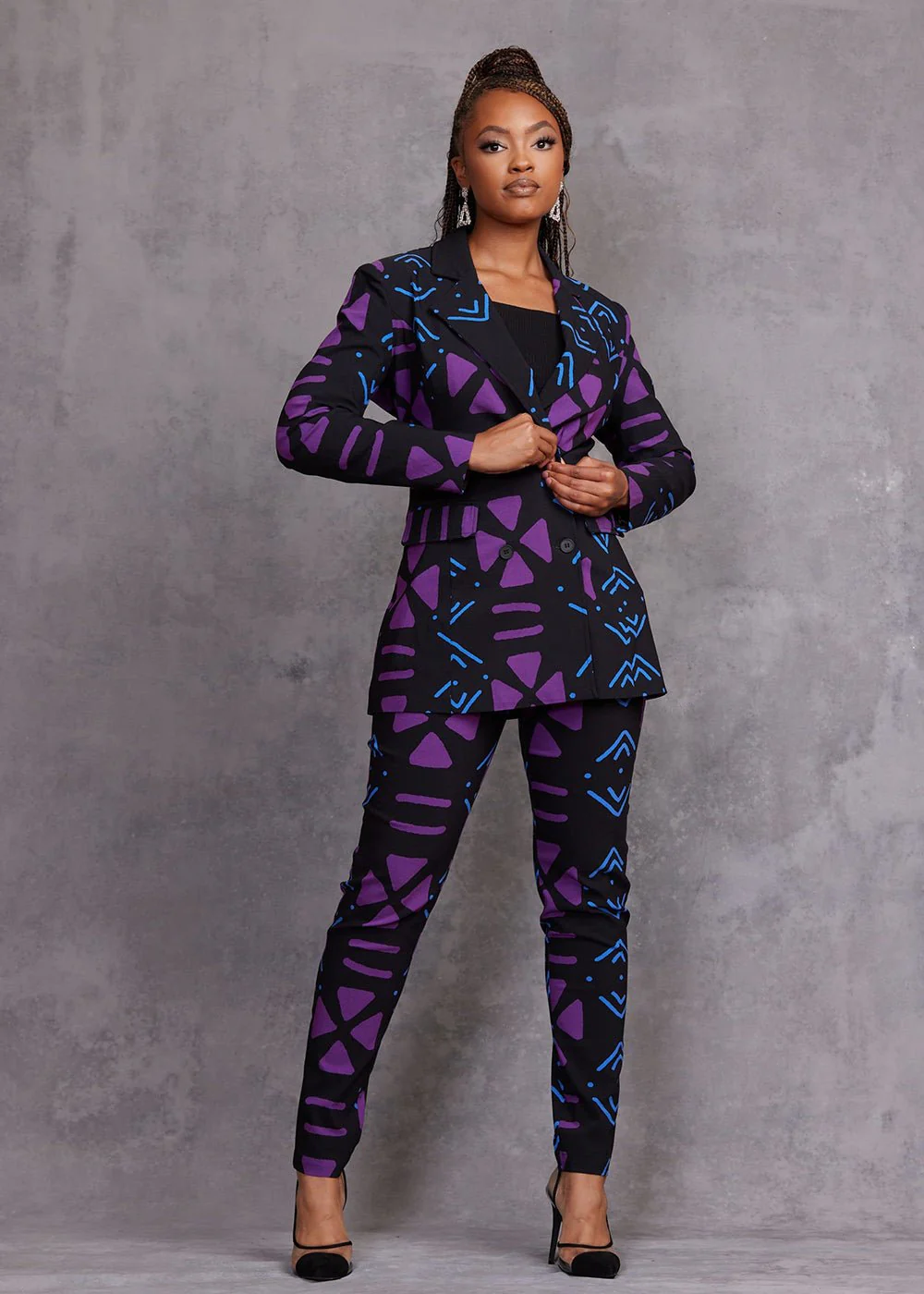 Uyai Women's African Print Stretch Blazer (Black Purple Mudcloth) - Image 6