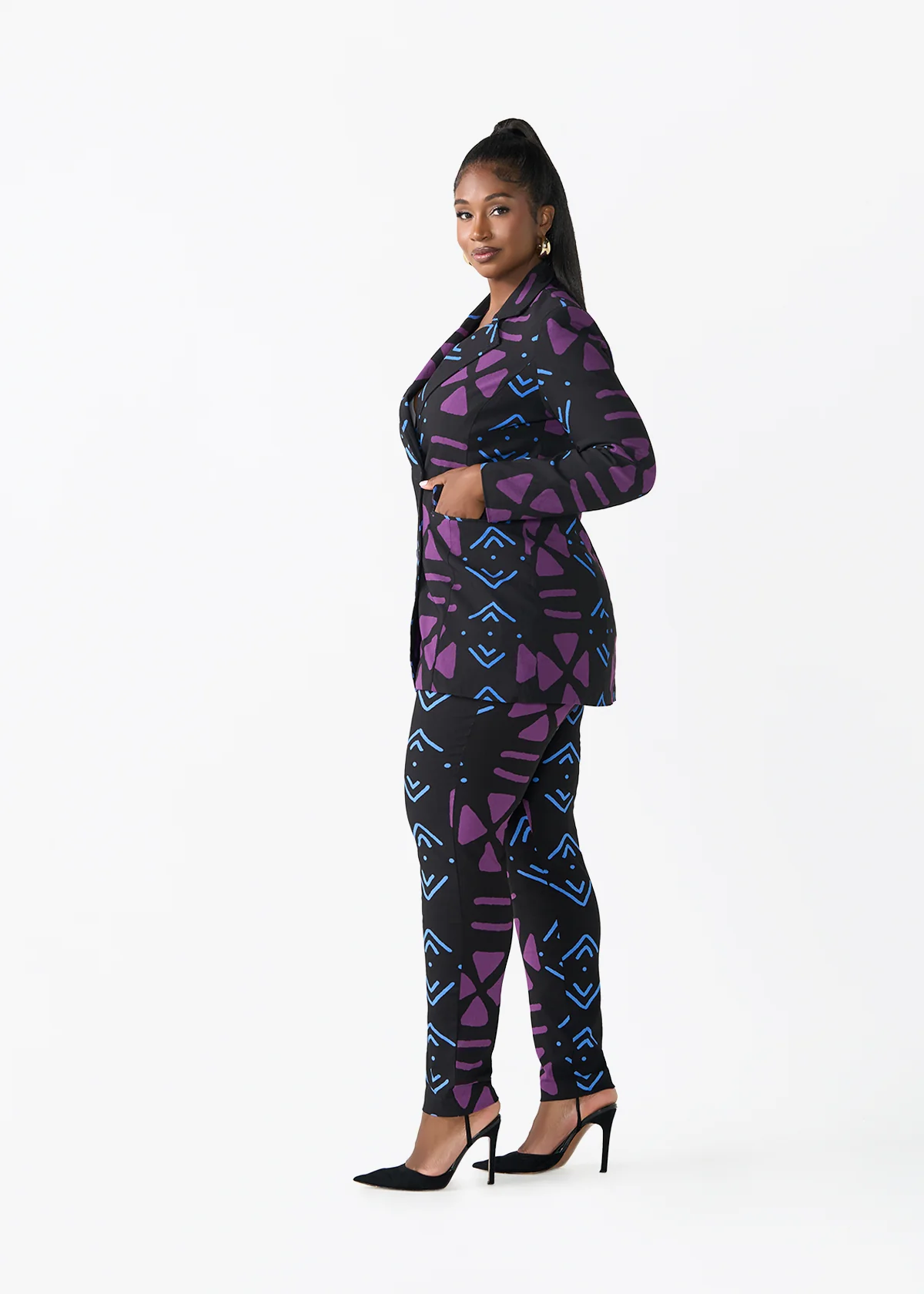Uyai Women's African Print Stretch Blazer (Black Purple Mudcloth) - Image 7
