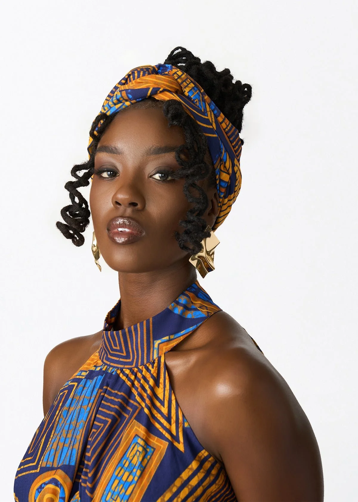Women's African Print Head Wrap/Scarf (Royal Blue Geometric)
