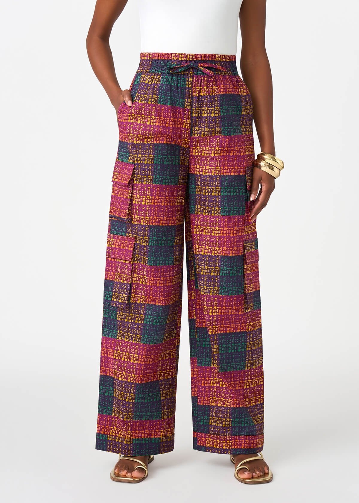 Yejide Women's African Print Cargo Pants (Harvest Plaid Adire)
