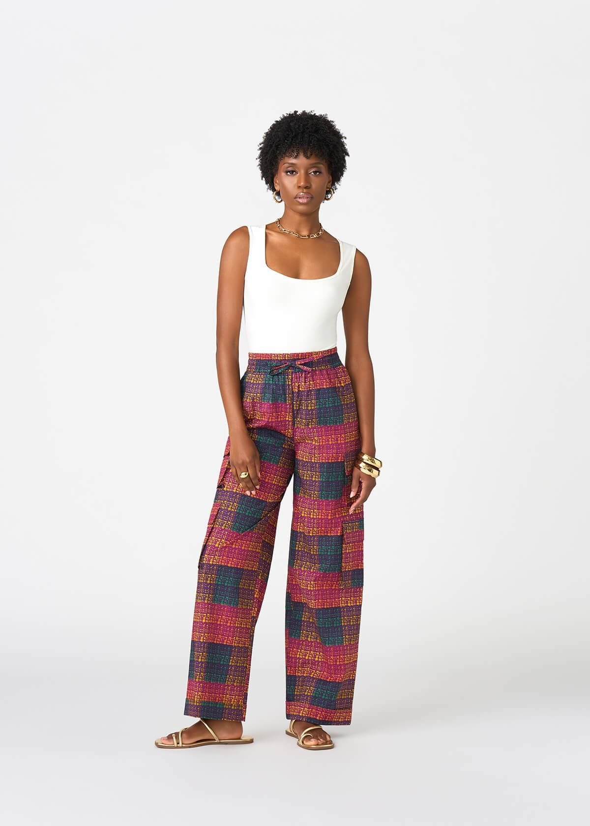 Yejide Women's African Print Cargo Pants (Harvest Plaid Adire) - Image 2