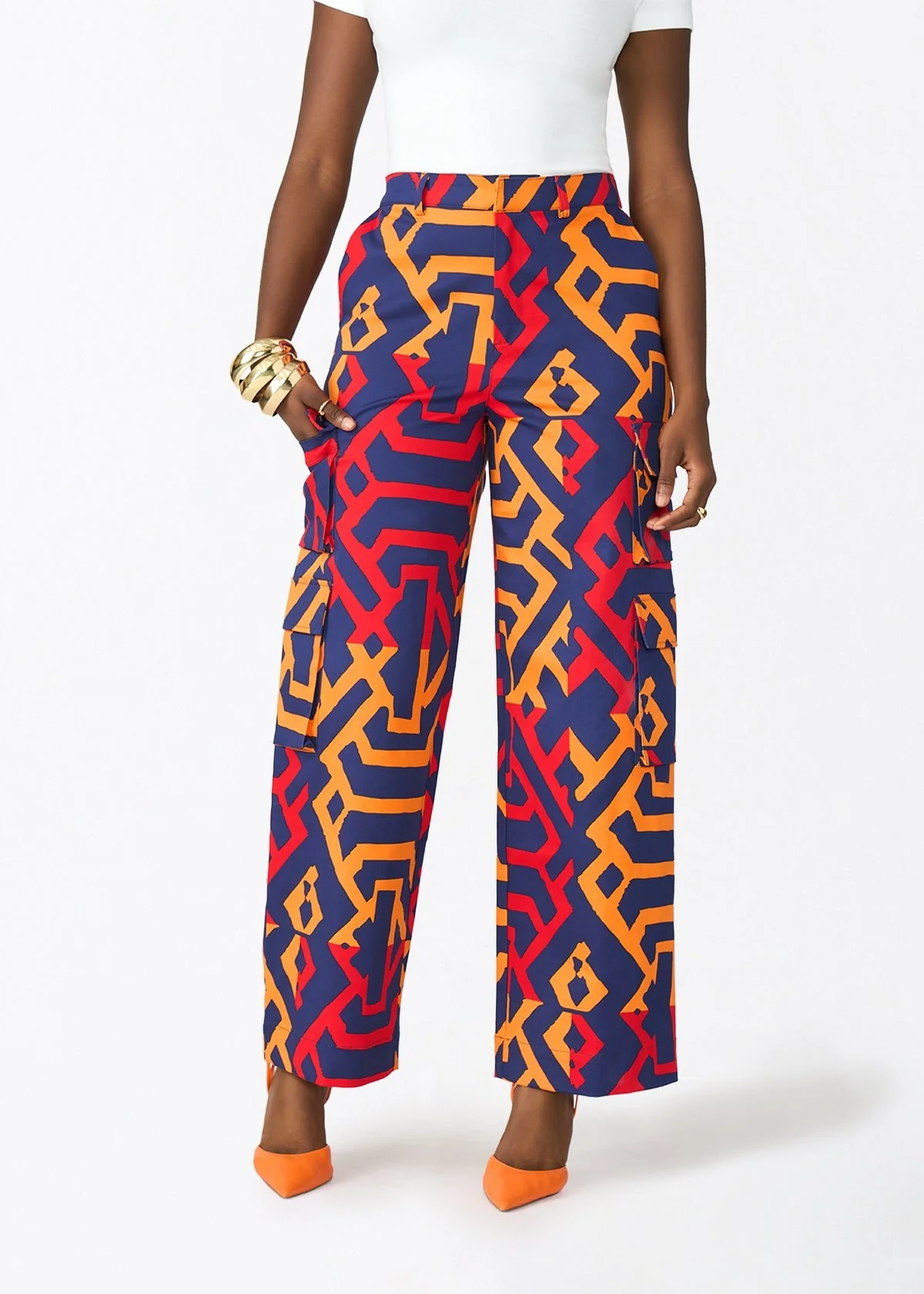Yunma Women's African Print Twill Cargo Pants (Blue Flame Tribal) - Image 3