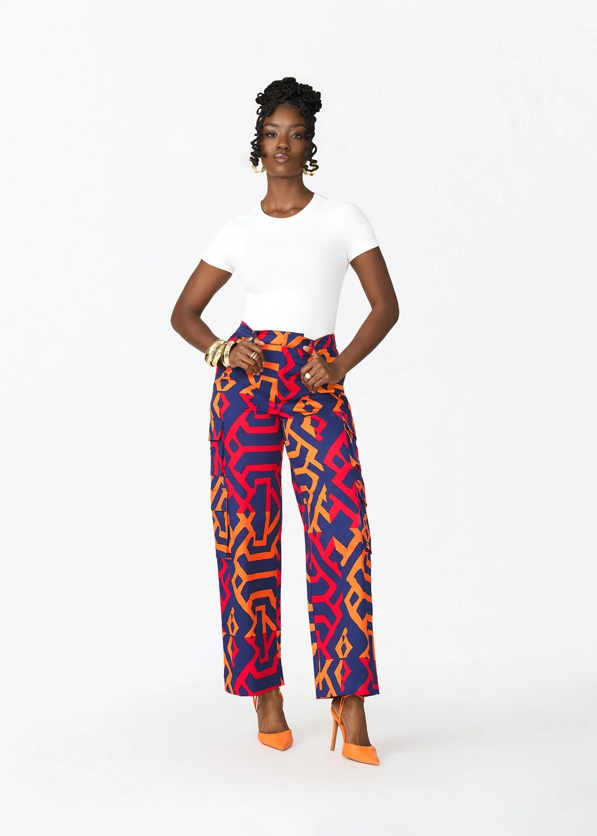 Yunma Women's African Print Twill Cargo Pants (Blue Flame Tribal) - Image 4