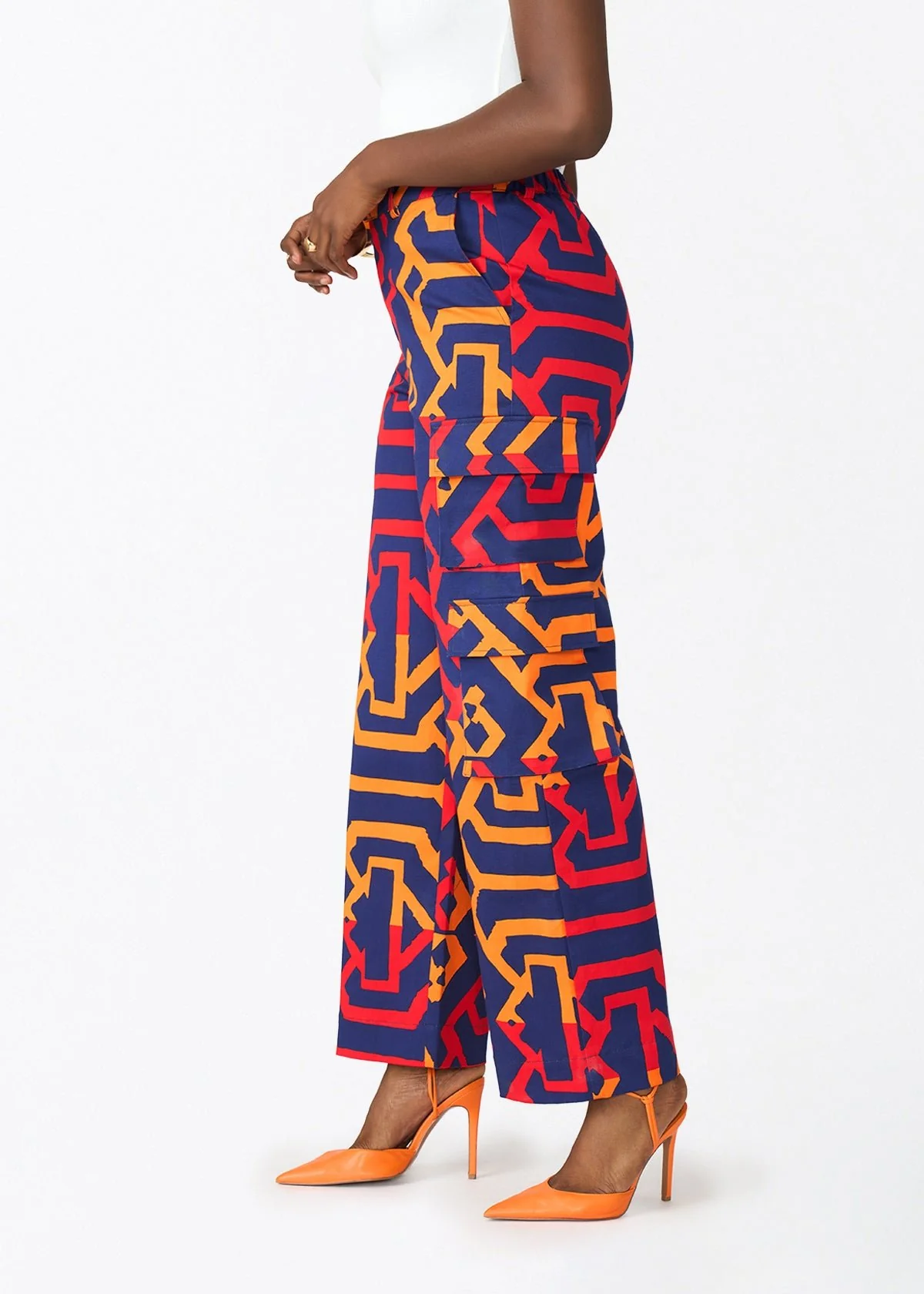 Yunma Women's African Print Twill Cargo Pants (Blue Flame Tribal) - Image 5