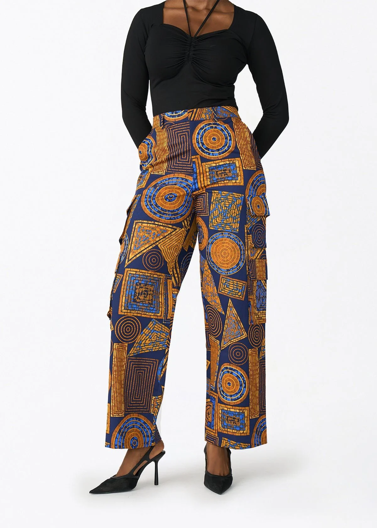 Yunma Women's African Print Twill Cargo Pant (Royal Blue Geometric)