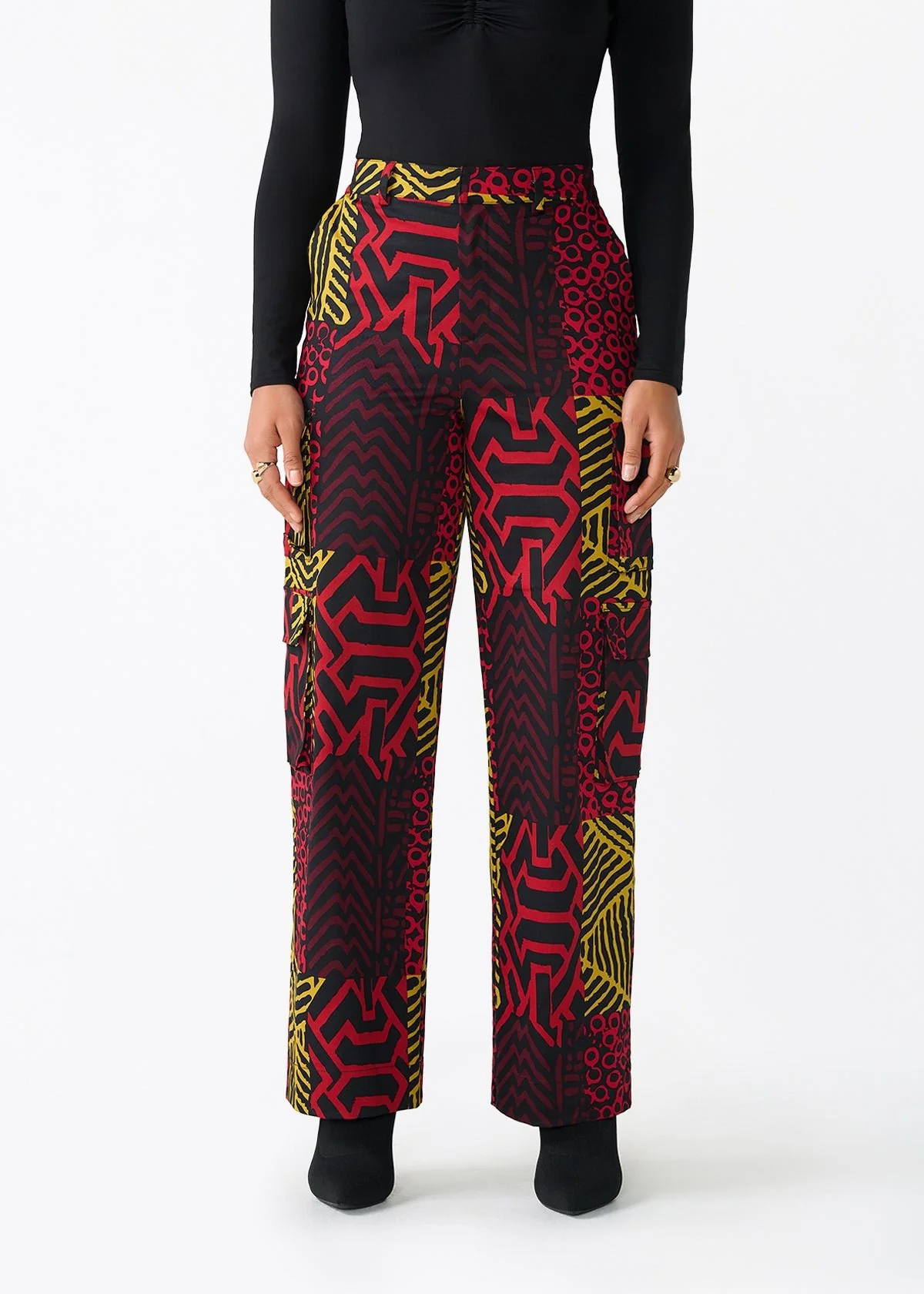 Yunma Women's African Print Twill Cargo Pants (Black Cherry Multipattern)