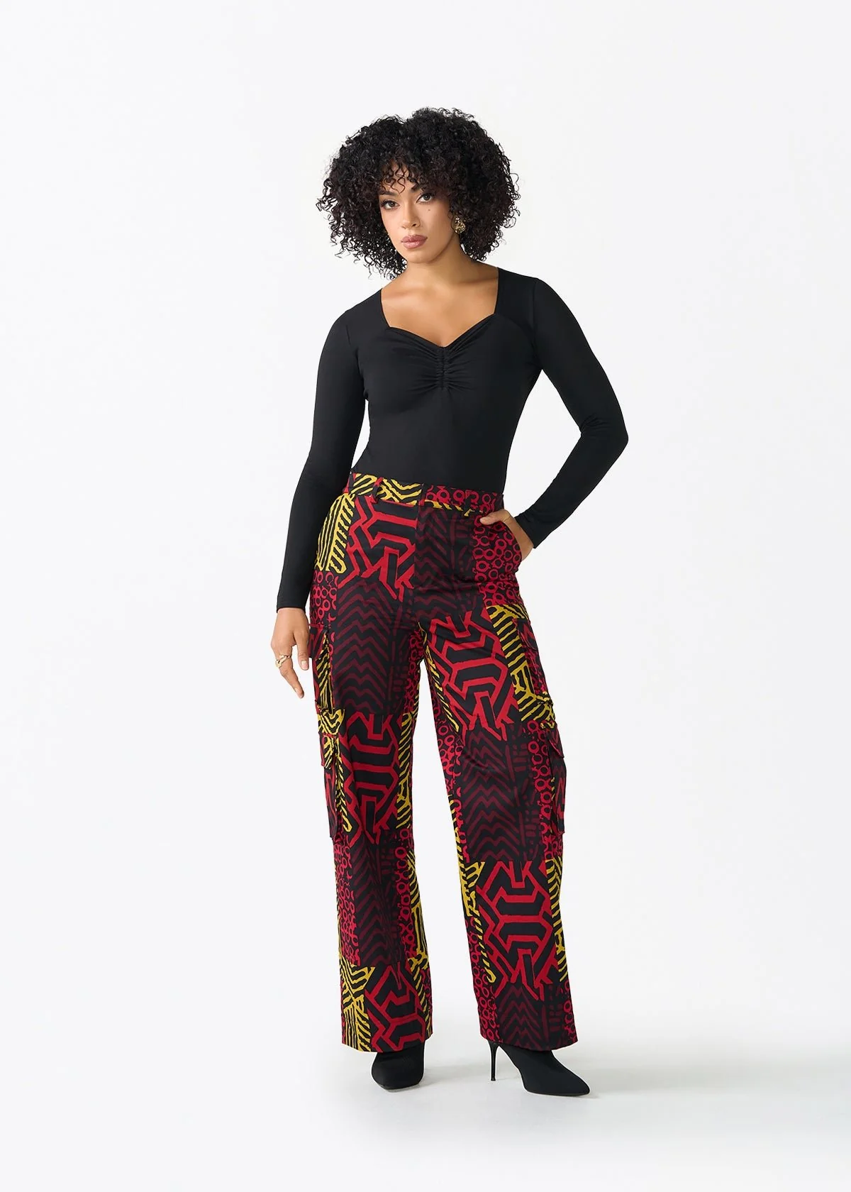 Yunma Women's African Print Twill Cargo Pants (Black Cherry Multipattern) - Image 7
