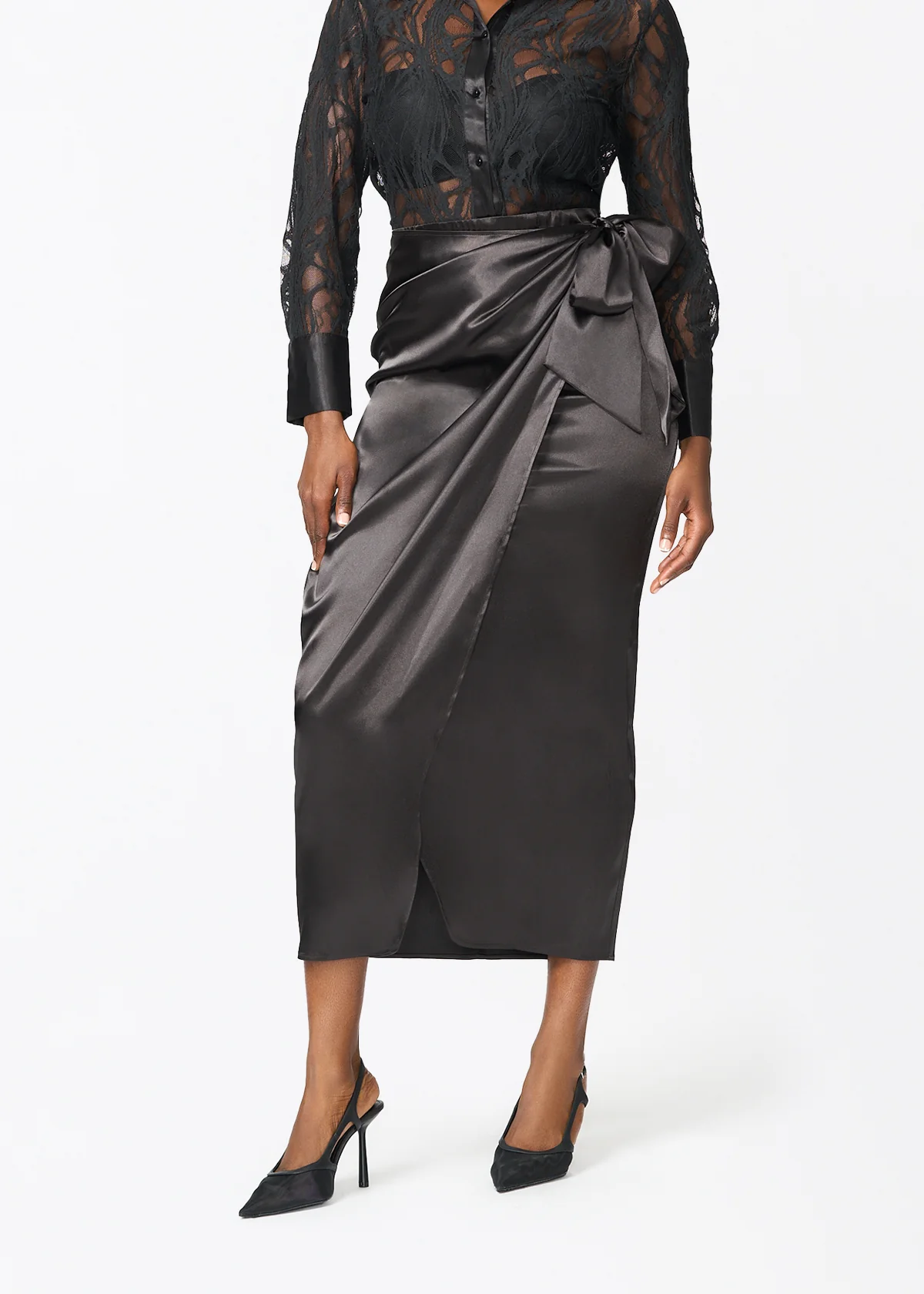 Zaya Women's Stretch Satin Faux Wrap Skirt (Black)