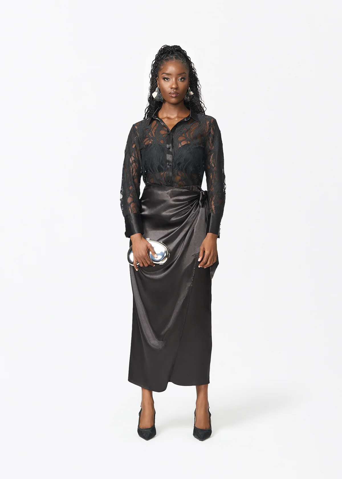 Zaya Women's Stretch Satin Faux Wrap Skirt (Black) - Image 2