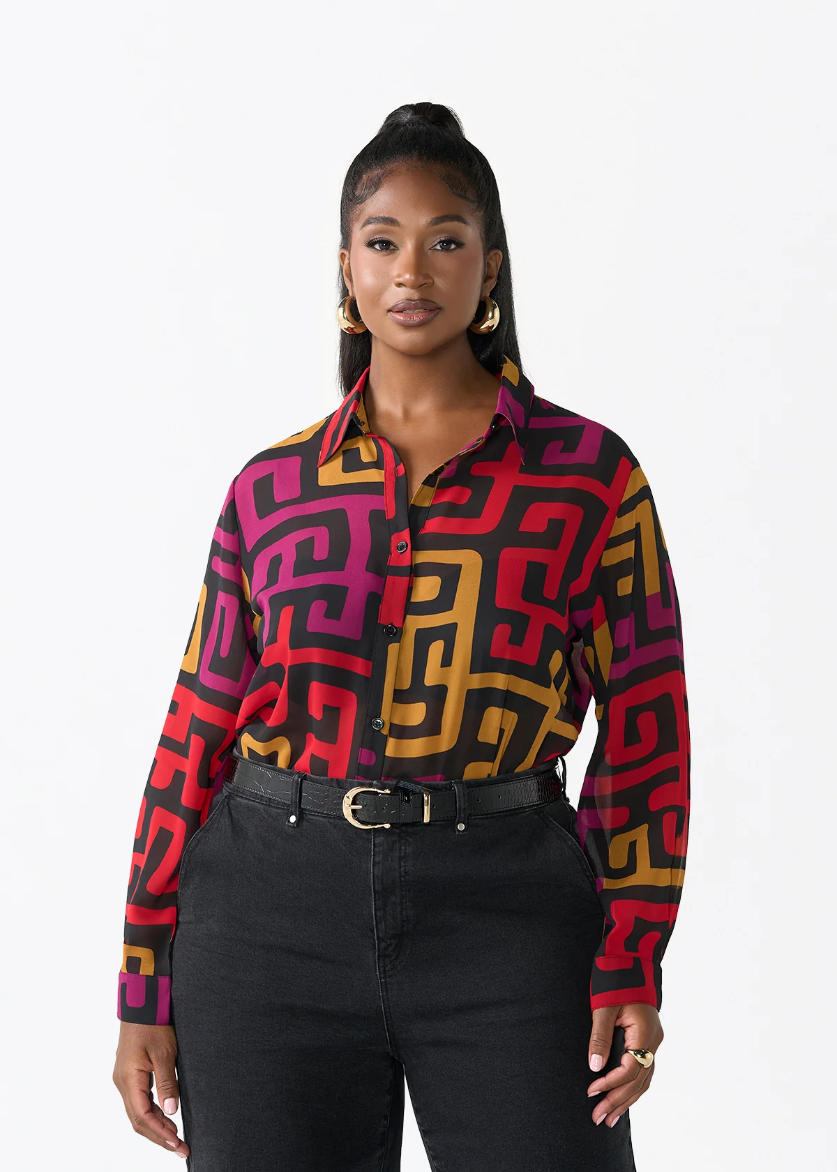 Zoela Women's African Print Sheer Chiffon Blouse (Black Berry Kuba)