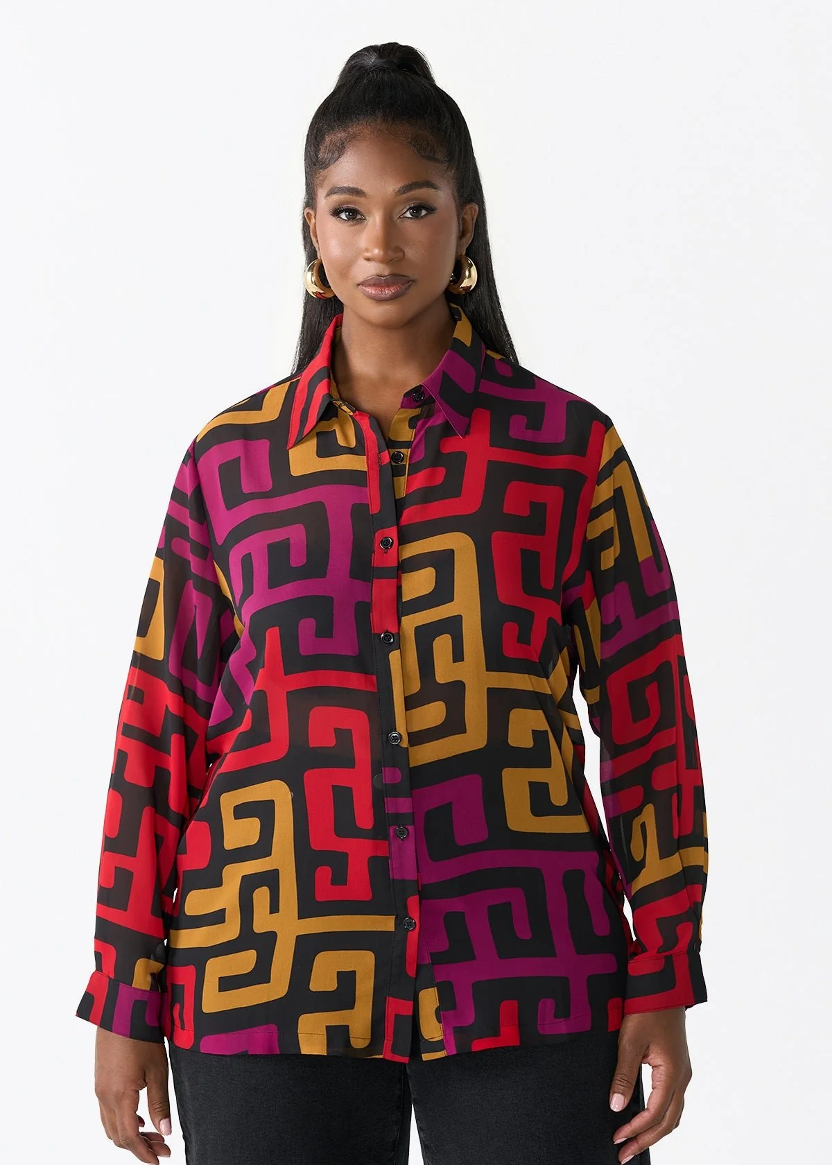 Zoela Women's African Print Sheer Chiffon Blouse (Black Berry Kuba) - Image 2