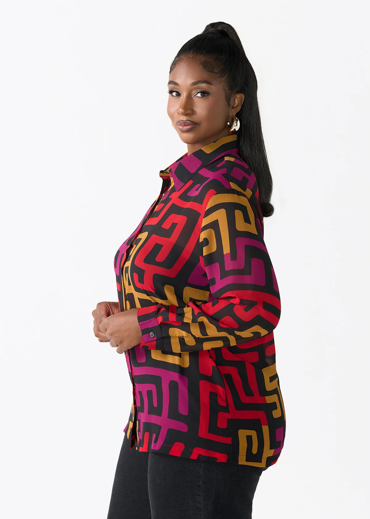 Zoela Women's African Print Sheer Chiffon Blouse (Black Berry Kuba) - Image 5